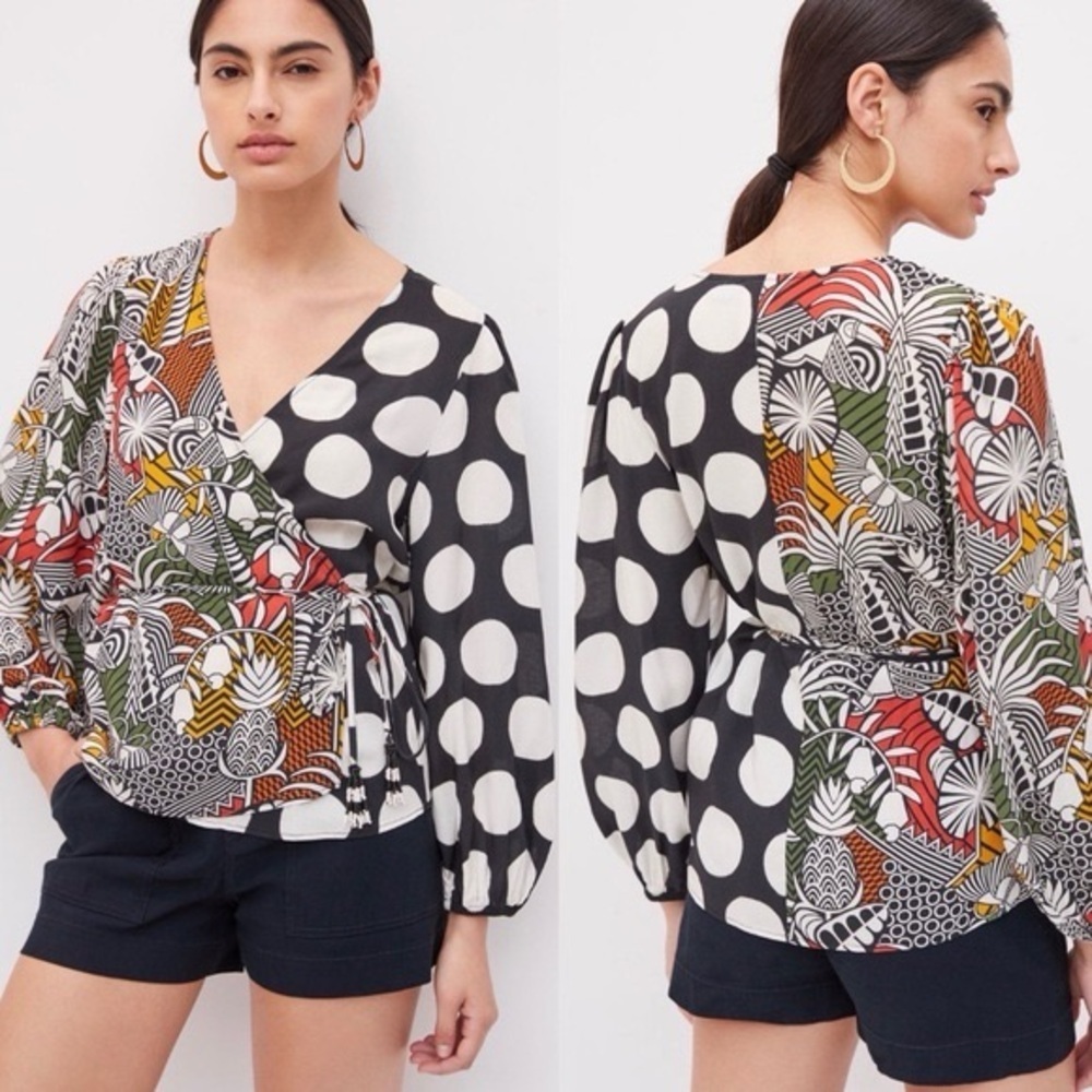 FARM Rio Rainforest Black and White Polka Dot Wrap Blouse Anthropologie Size S